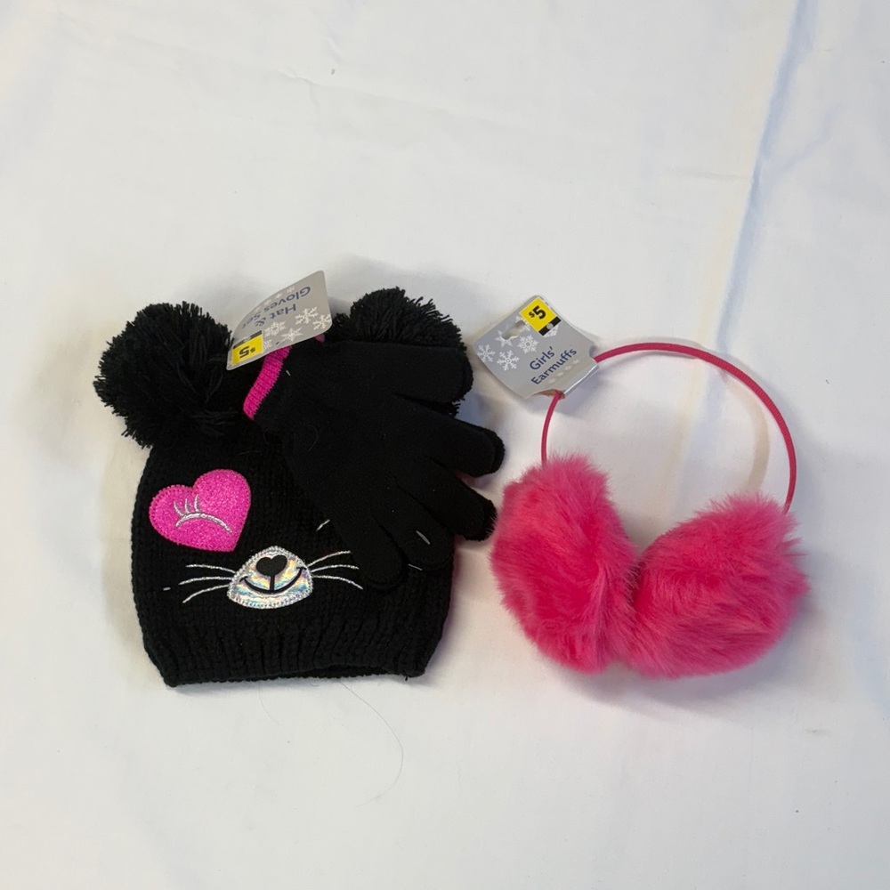 Cute Black and Pink Kids Winter Set Hat - gloves - Ear muffs